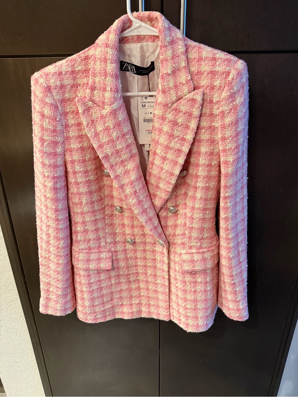 Zara Pink & White Tweed Double-Breasted Blazer